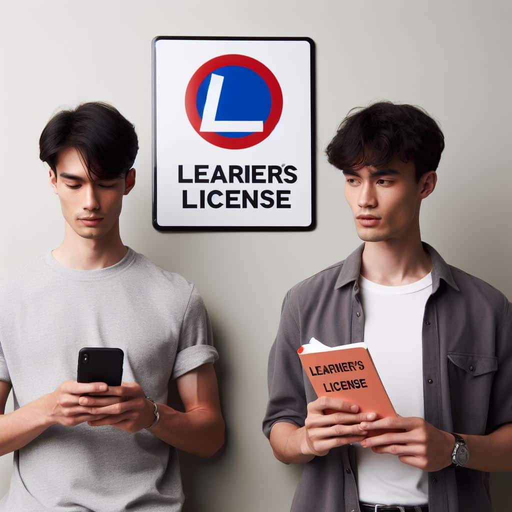 Two people standing in front of a Learner’s License sign, one holding a phone and the other holding a book titled ‘Learner’s License