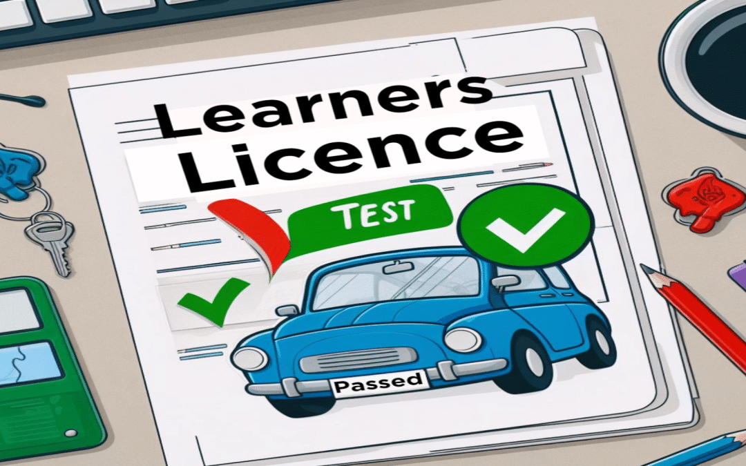 picture of k53 learner's licence test papers with a blue car on it, marked passed for the learners licence exam